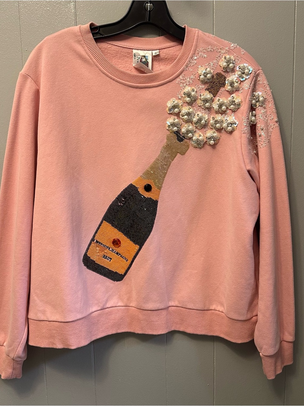 Queen of Sparkles Embellished Pink Champagne Bottle Sweatshirt